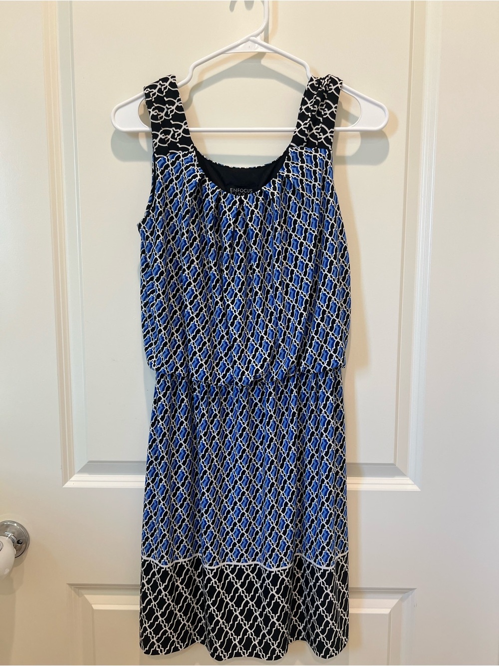 Enfocus Studio Blue Black White Patterned Sleeveless Blouse